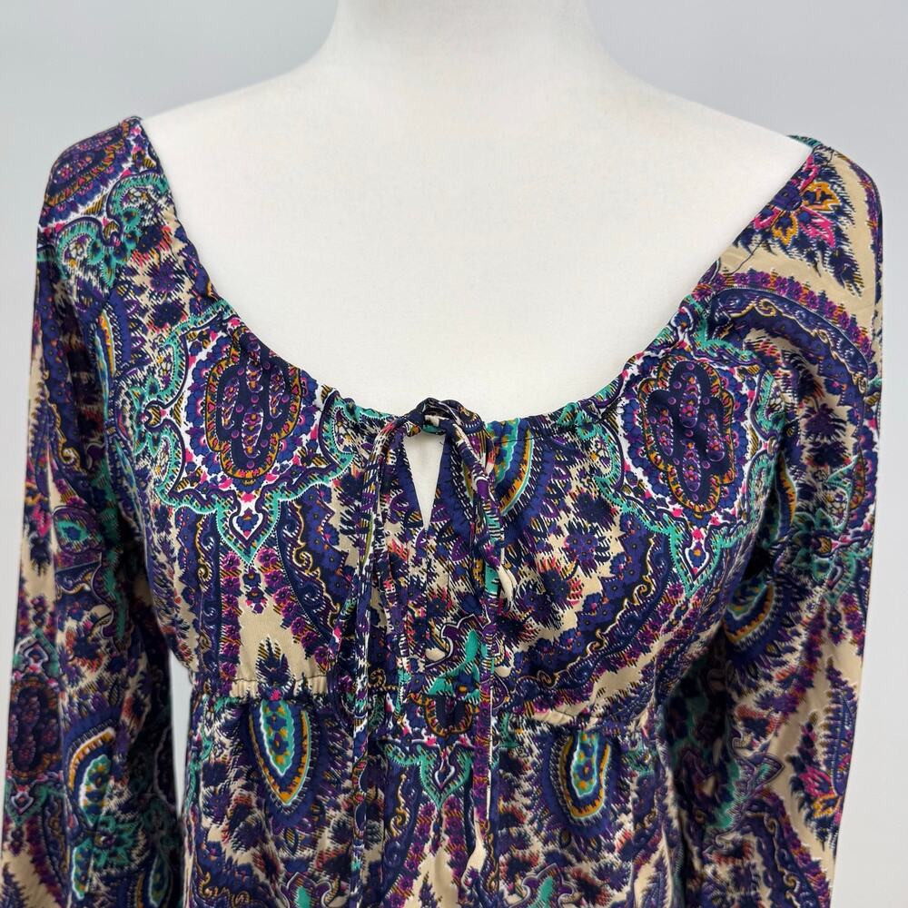 Earthbound Long Sleeve Midi Dress M Purple Paisley Y2K Tie Neck Babydoll Boho - Picture 2 of 9